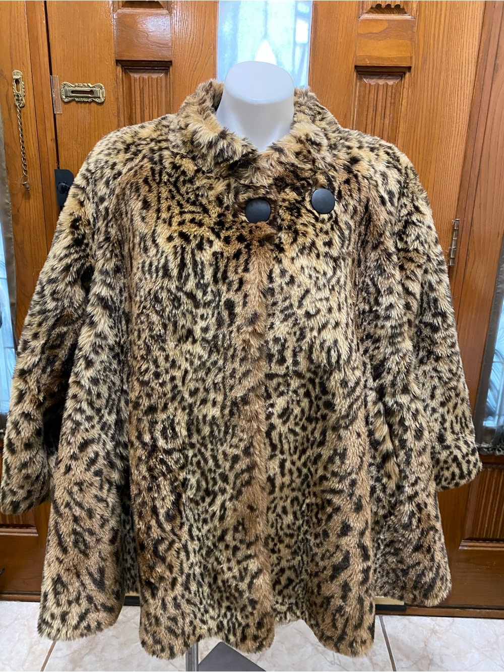Faux Fur Leopard Print Coat - Brown